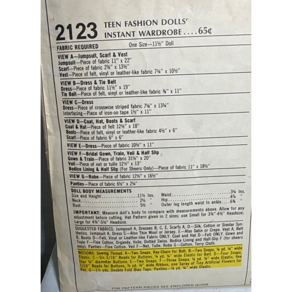 McCalls 2123 Teen Fashion Doll Instant Wardrobe Pattern One Size 11.5" Dolls CUT - Picture 4 of 7
